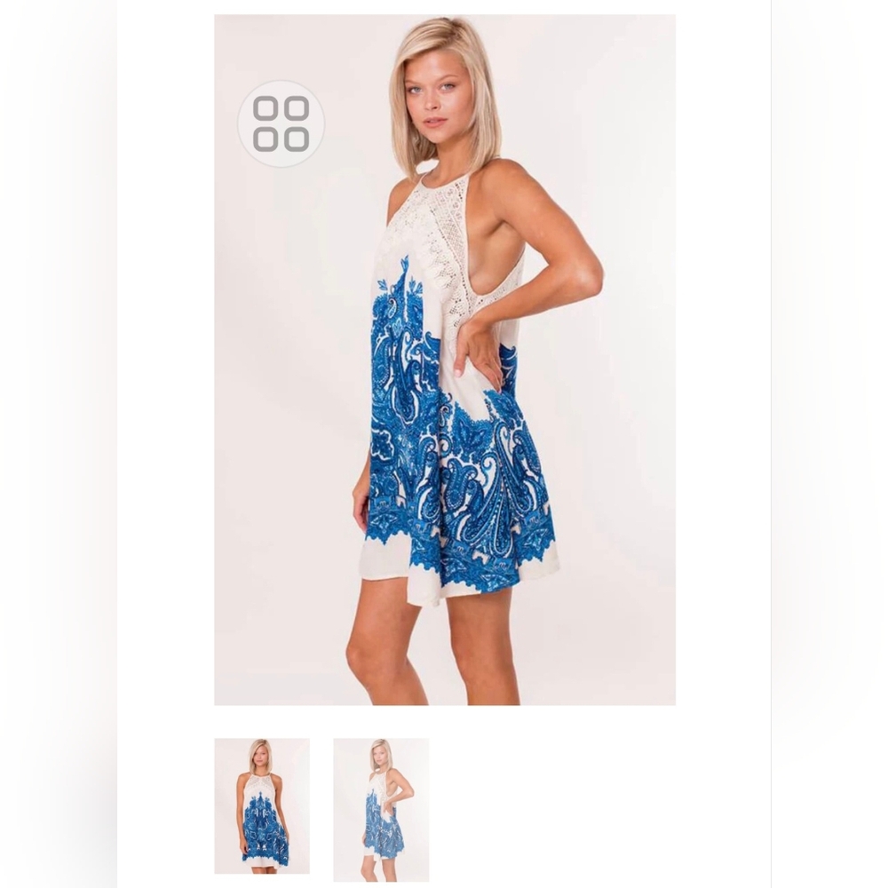 Brand new indigo rose crochet & silk short dress in size M